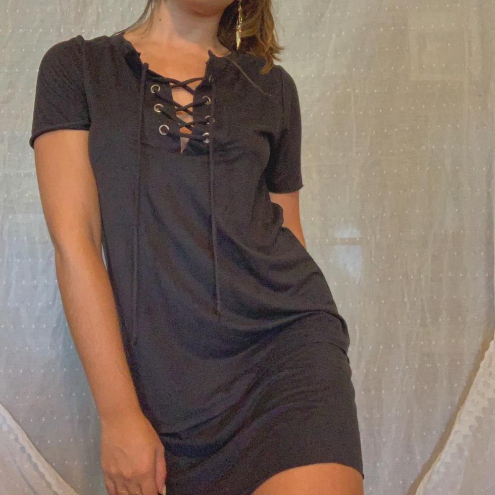 Black Lace Up suede casual t-shirt dress